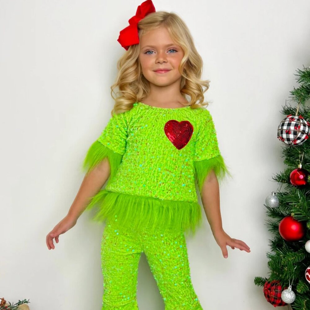 Mia Bella Girls “Grinchie Cutie” Sequin Pants Set – Size 7/8